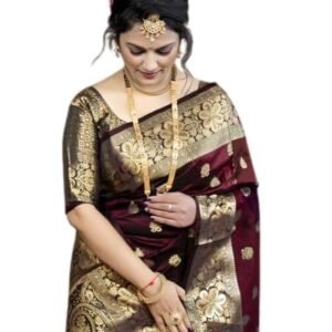 indidress Women's Pure Soft Kanjivaram Silk Saree For Wedding Banarasi Style Sari With Blouse