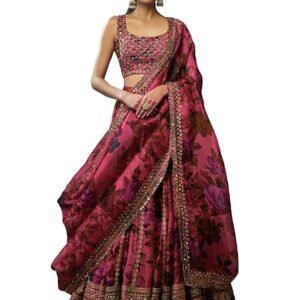 INDIDRESS Pink Organza Zari Sequence Embroidery Work Semi-Sttiched Lehenga Choli Set For Women