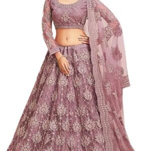 INDIDRESS Women's Semi Stitched Net Lehenga Choli with Embroidered Pattern Unstitched Blouse Piece and Dupatta Set | Women's Lehenga Choli